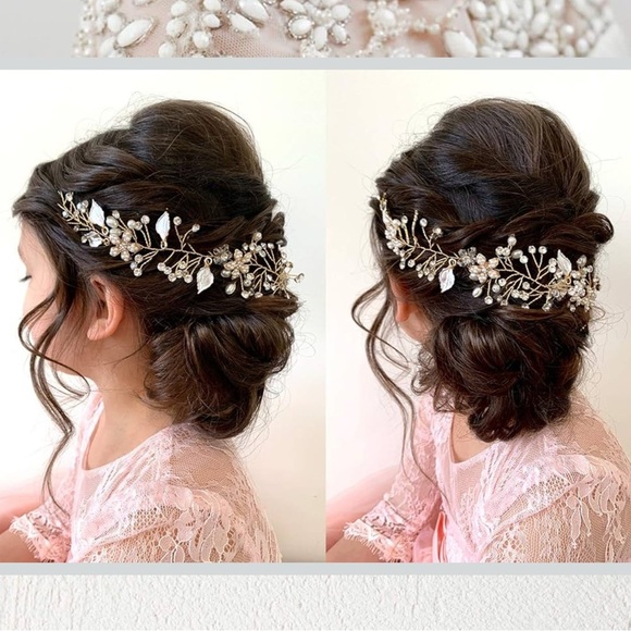 SWEETV Handmade Gold Flower Girl Headband – Pearl & Crystal Halo – NWT - Picture 13 of 14